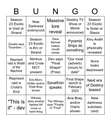 MXSKED's Destiny 2 Showcase Bingo Card Bingo Card