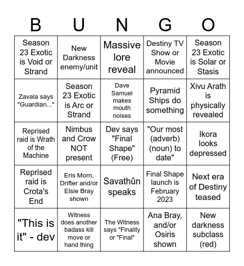 MXSKED's Destiny 2 Showcase Bingo Card Bingo Card