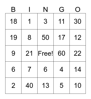 NUMBER BINGO Card
