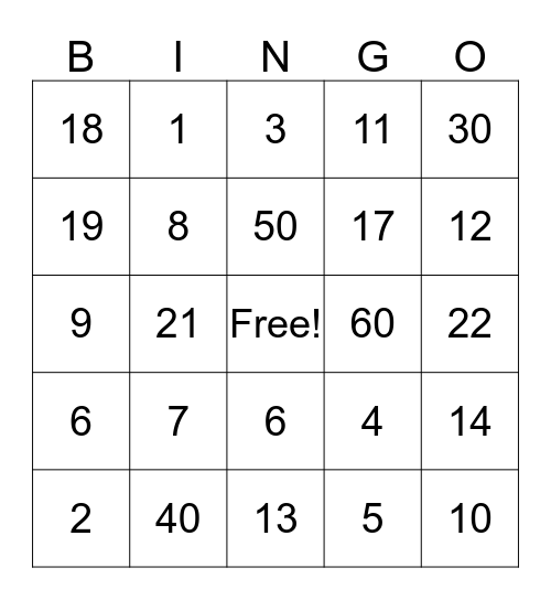 NUMBER BINGO Card