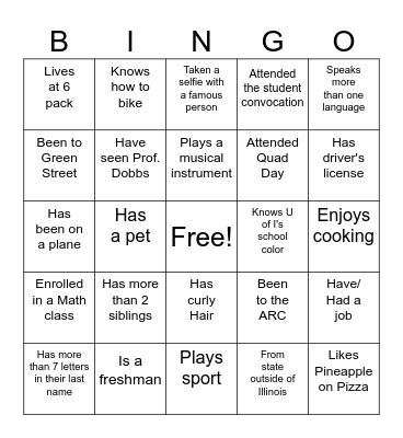 MATH 101 Bingo Card
