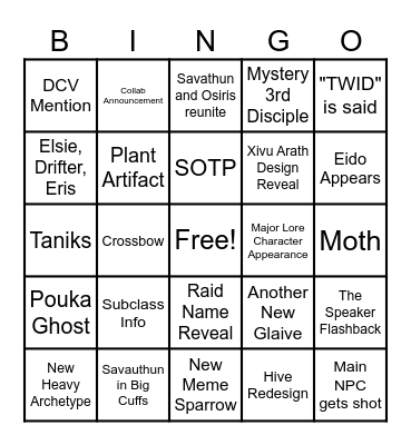 Destiny Showcase 2023 Bingo Card