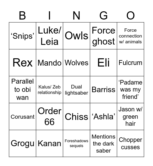 Ahsoka series Bingo Card