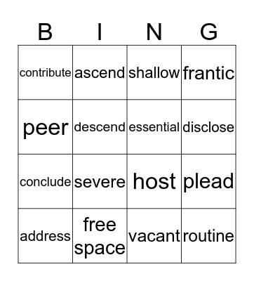 Vocabulary Bingo Card