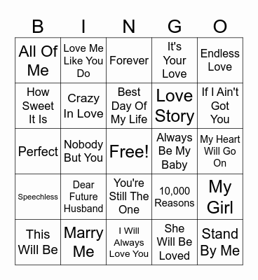 Bridal Shower Love Song Bingo Card