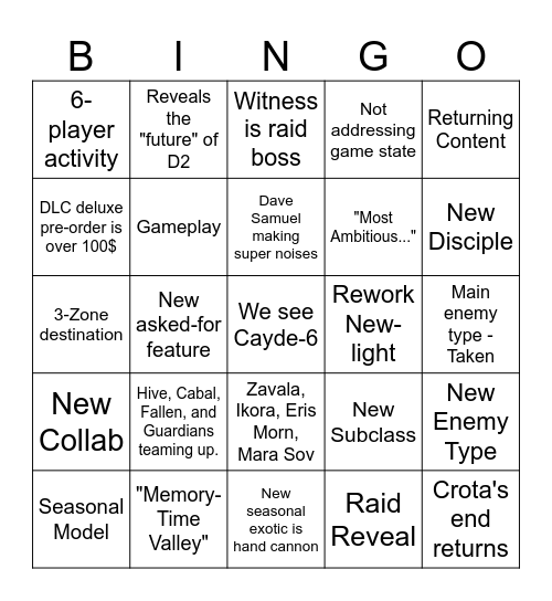 Bungie Final Shape Shitcase Bingo Card