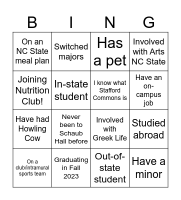 Nutrition Club at NC State Bingo Card