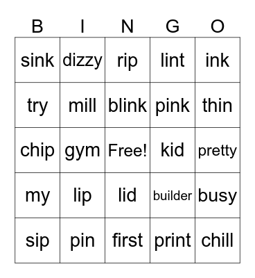 Short i Bingo Card