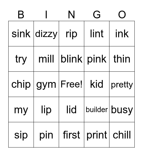 Short i Bingo Card