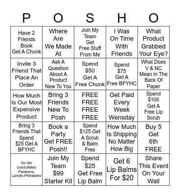Posh Party Bingo Card