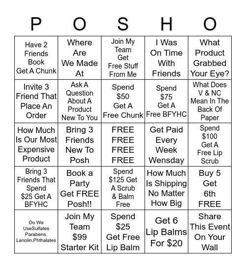 Posh Party Bingo Card