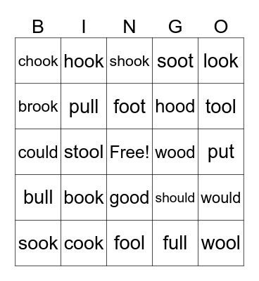 oo sounds Bingo Card