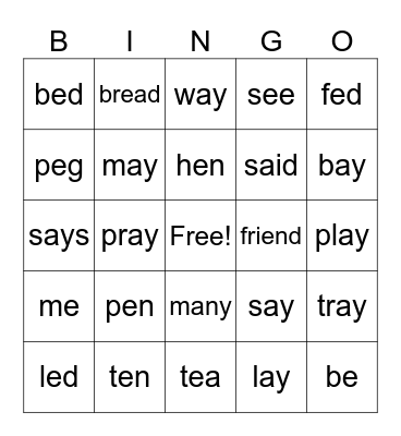 short e Bingo Card