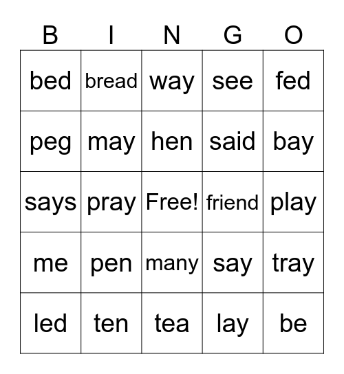 short e Bingo Card
