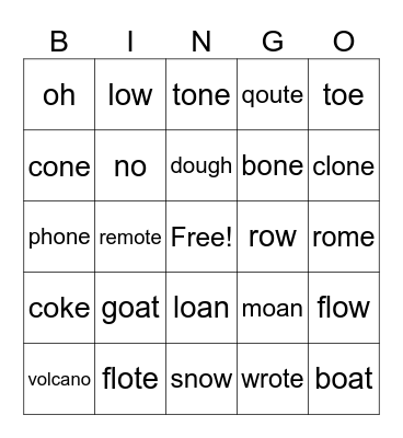 long o Bingo Card