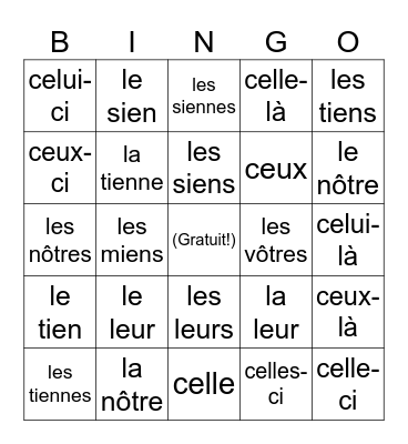 French Possessive & Demonstrative Pronouns Bingo Card