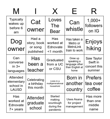 Mix & Mingle: Bonding Bingo Card