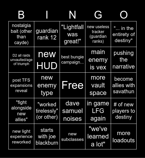 TFS Showcase Bingo Card