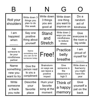 Mindfulness Bingo Card