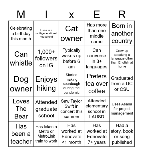 Mix & Mingle: Bonding Bingo Card