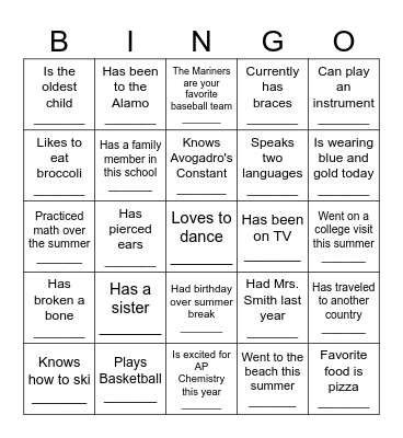 Get to Know Your AP Chem Classmates! Bingo Card