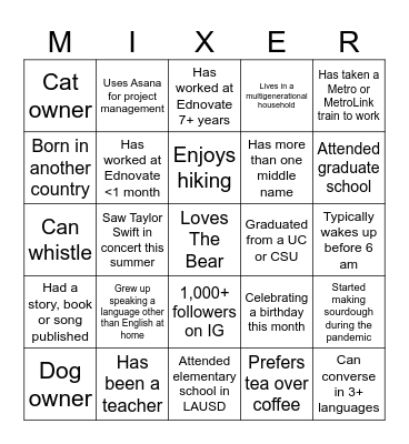 Mix & Mingle: Bonding Bingo Card