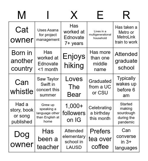 Mix & Mingle: Bonding Bingo Card