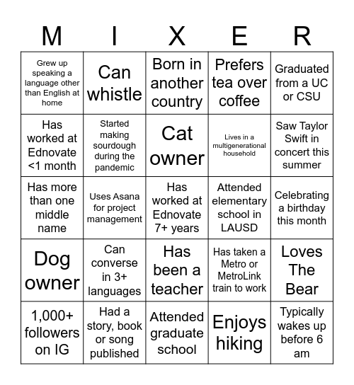 Mix & Mingle: Bonding Bingo Card