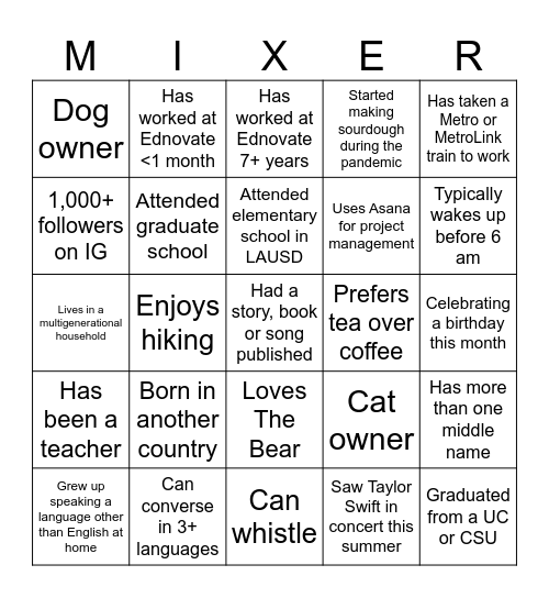 Mix Mingle Bonding Bingo Card