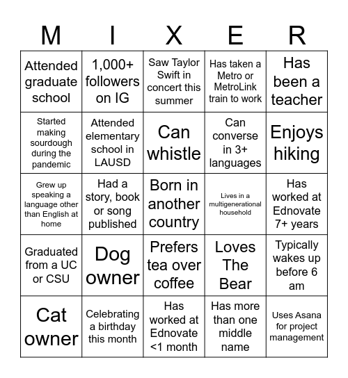 Mix & Mingle: Bonding Bingo Card