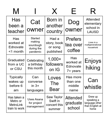 Mix & Mingle: Bonding Bingo Card
