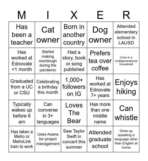 Mix & Mingle: Bonding Bingo Card