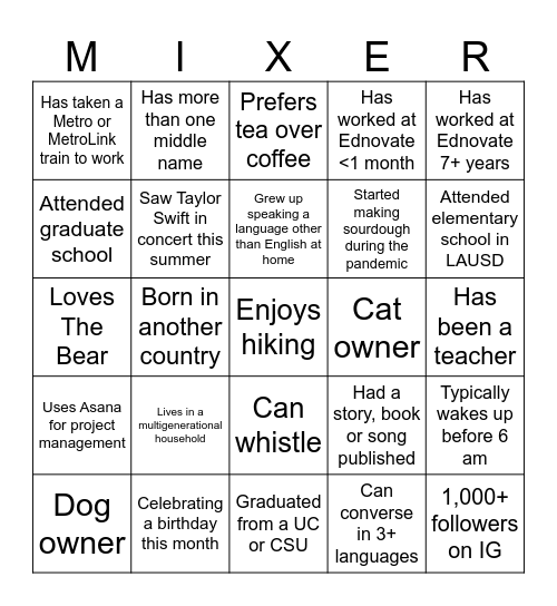 Mix & Mingle: Bonding Bingo Card