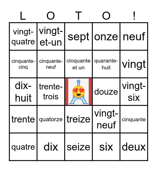 French numbers 0-60 Bingo Card