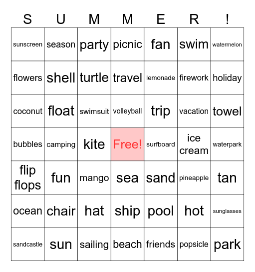 Summer Vacation Bingo Card