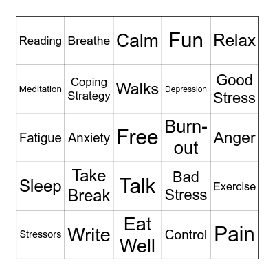 Stress Management Bingo Card