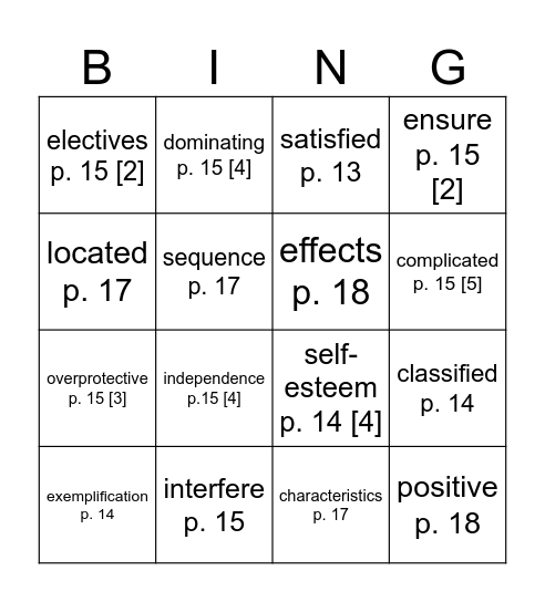 Vocabulary Bingo Card