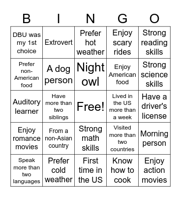 First Day Getting to Know You Bingo Card