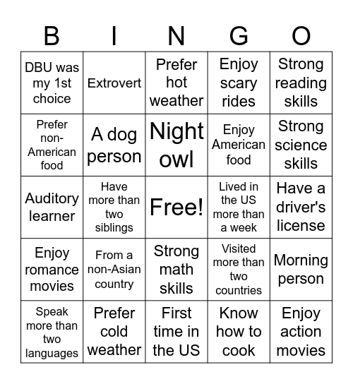 First Day Getting to Know You Bingo Card