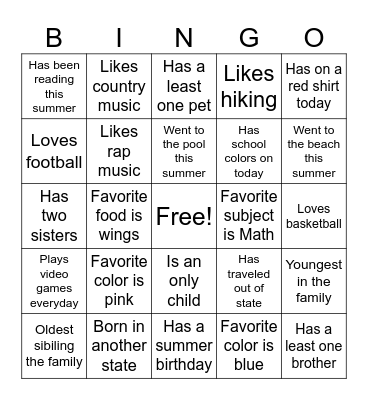 All About Me Bingo Card