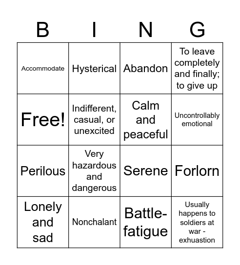 Week 10 Vocabulary Bingo Card