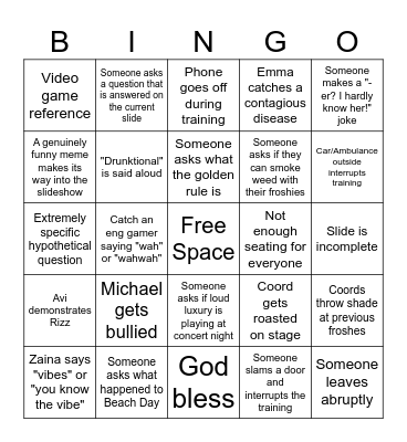 Frosh Training 2023 Bingo Card