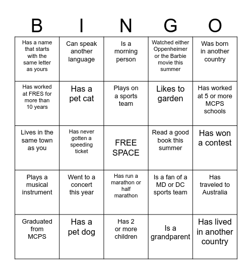 FRES STAFF BINGO Card