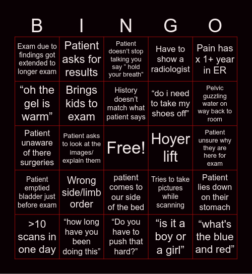 Sonographer Bingo Card