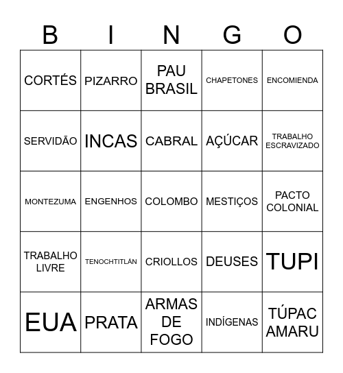 Bingo- COLONIZAÇÃO DA AMÉRICA ESPANHOLA Bingo Card