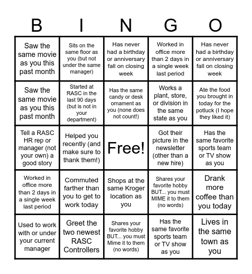 RASC Meet & Greet! Find someone who: Bingo Card