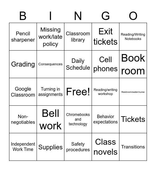 Classroom Procedures Bingo Card