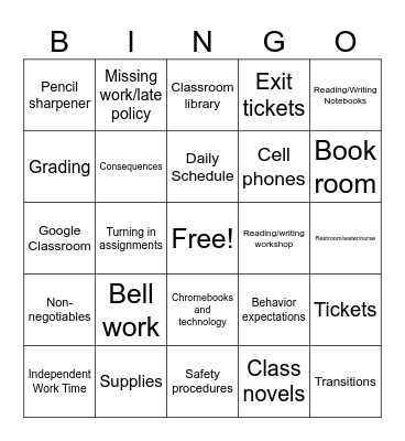 Classroom Procedures Bingo Card