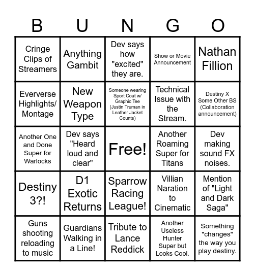 Bungie Announcement Bungo Bingo Card