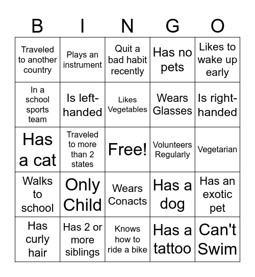 Get To Know You Bingo Card